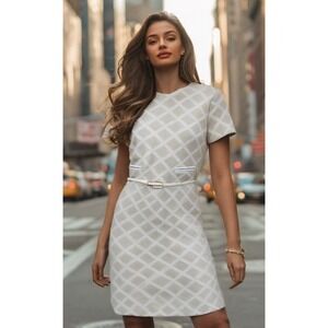 60s Kay Windsor Dress Size Medium Ivory Fit Flare Diamond Belt Short Sleeve